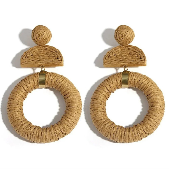 Anthro Boho Raffia Rattan Drop Earrings - Picture 4 of 8